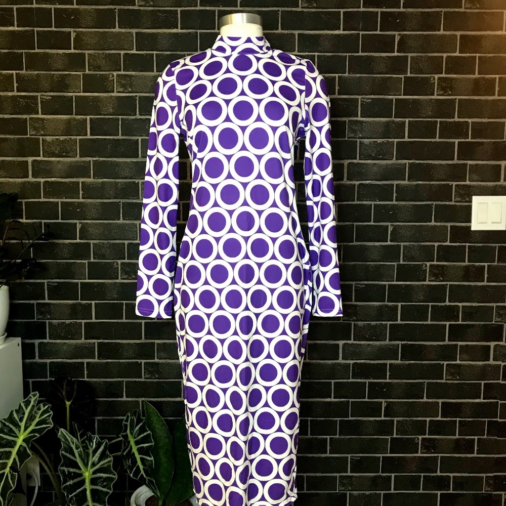 Mock Neck Slit Back Polka Dot Dress